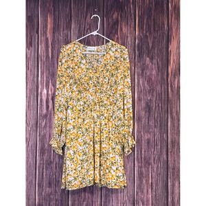 Signify Lemon Print Mini Dress Womens M Cottagecore V Neck Smocked Summer